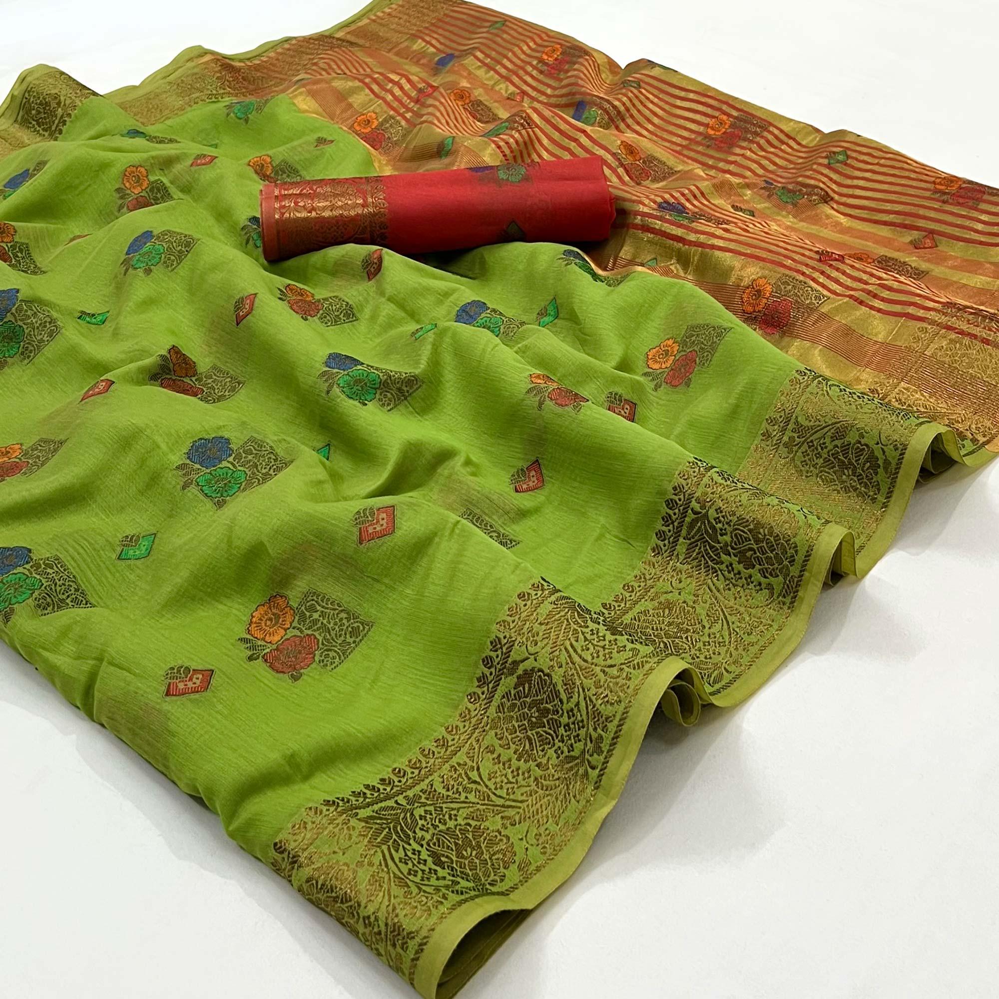 Pista Green Woven Poly Cotton Saree - Peachmode