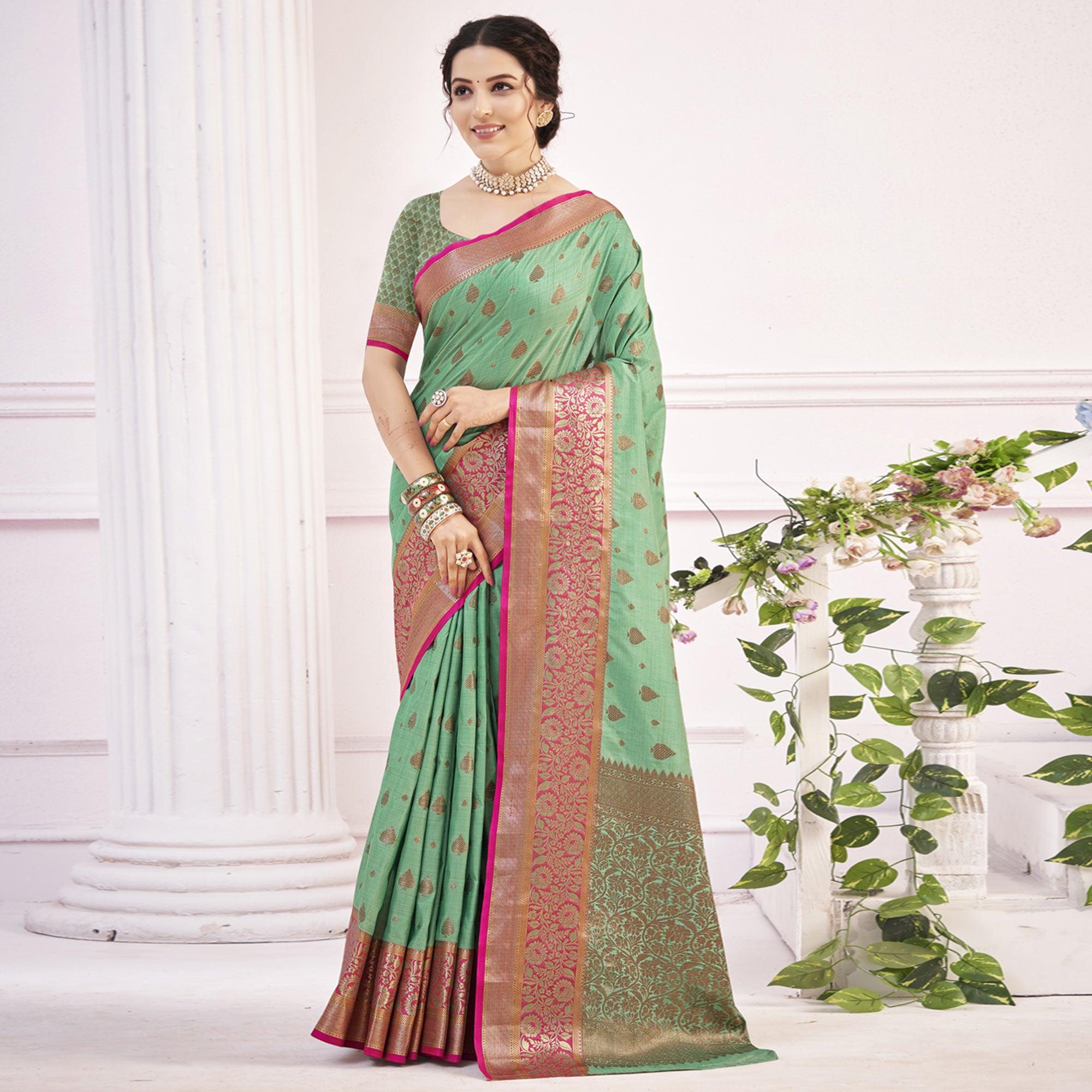 Pista Green Woven Poly Cotton Saree - Peachmode