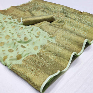 Pista Green Woven Poly Cotton Saree - Peachmode