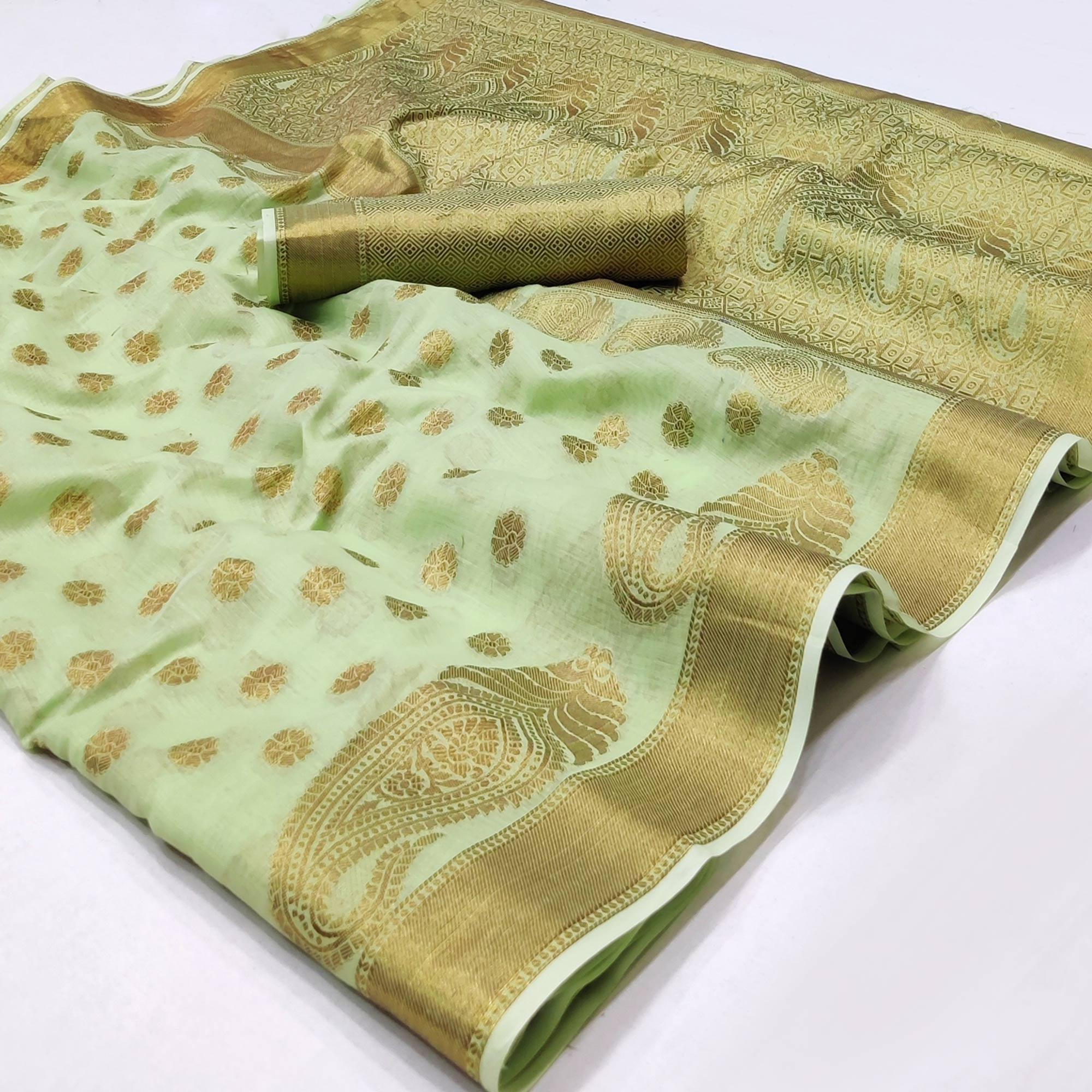 Pista Green Woven Poly Cotton Saree - Peachmode