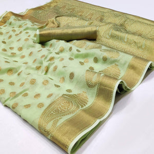 Pista Green Woven Poly Cotton Saree - Peachmode