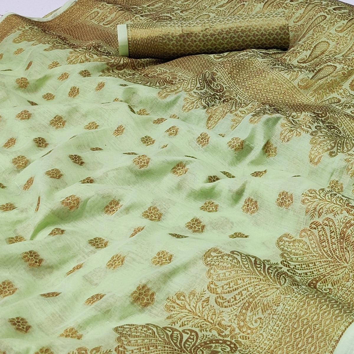 Pista Green Woven Poly Cotton Saree - Peachmode