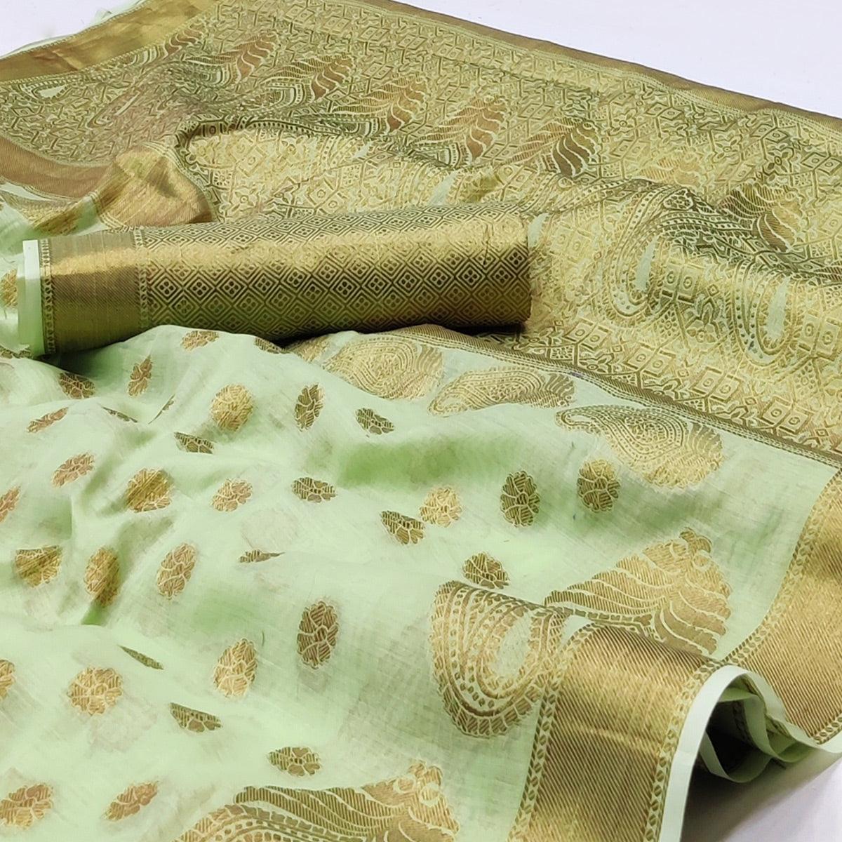 Pista Green Woven Poly Cotton Saree - Peachmode