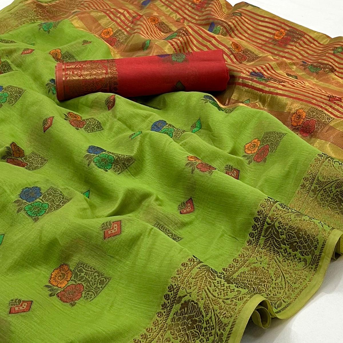 Pista Green Woven Poly Cotton Saree - Peachmode