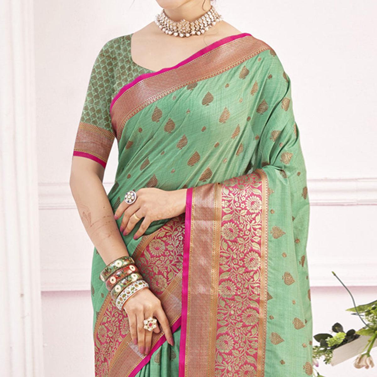 Pista Green Woven Poly Cotton Saree - Peachmode