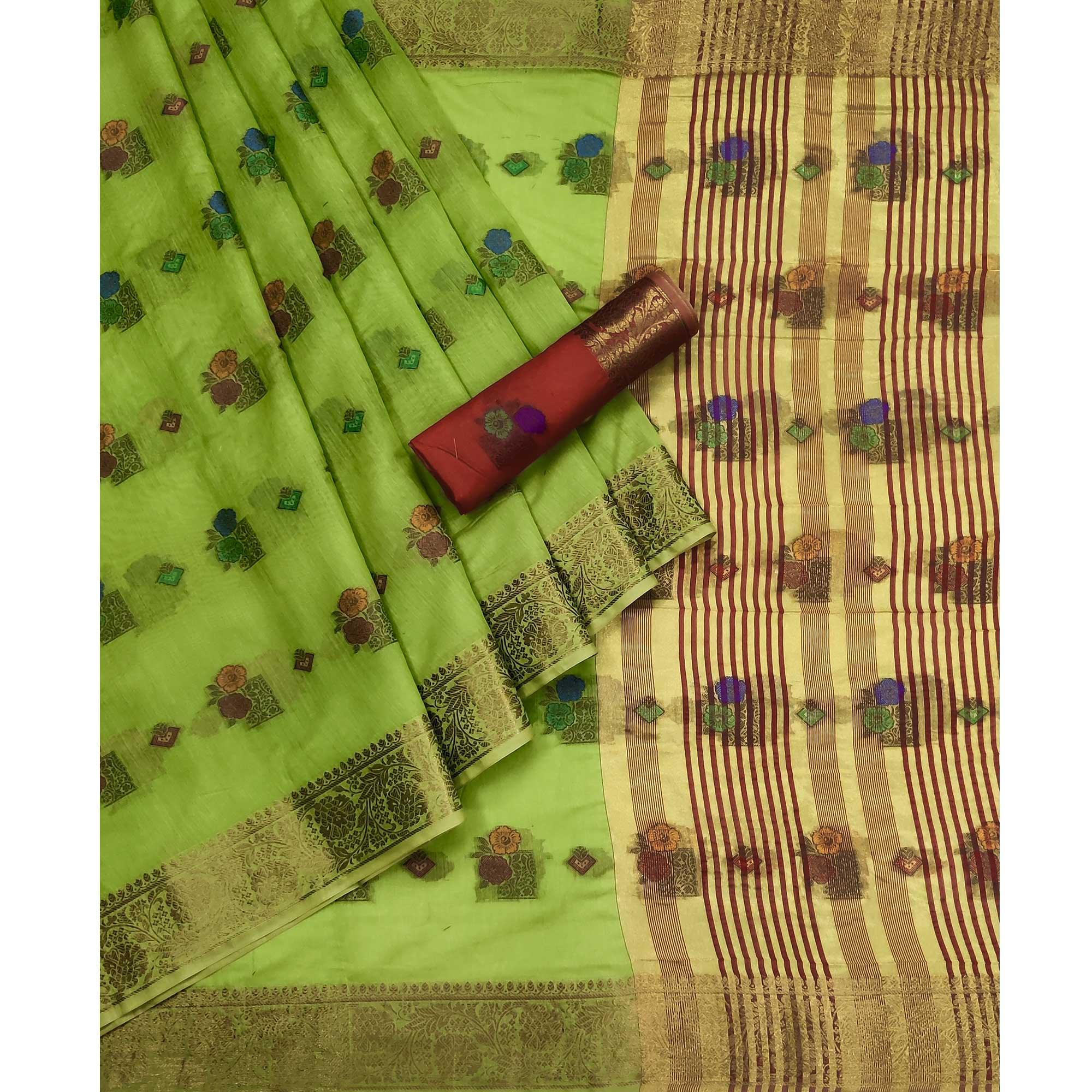 Pista Green Woven Poly Cotton Saree - Peachmode