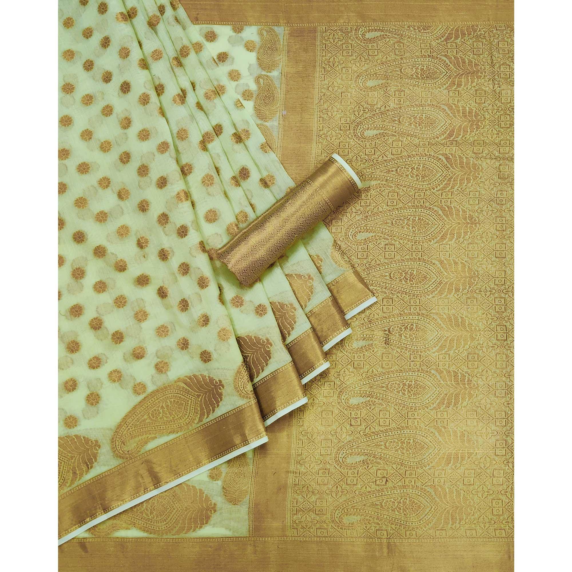 Pista Green Woven Poly Cotton Saree - Peachmode