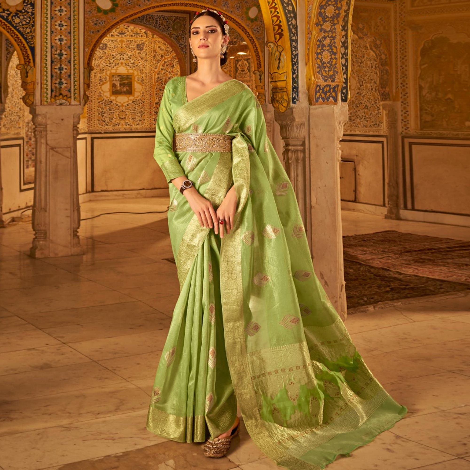 Pista Green Woven Tissue Silk Saree - Peachmode