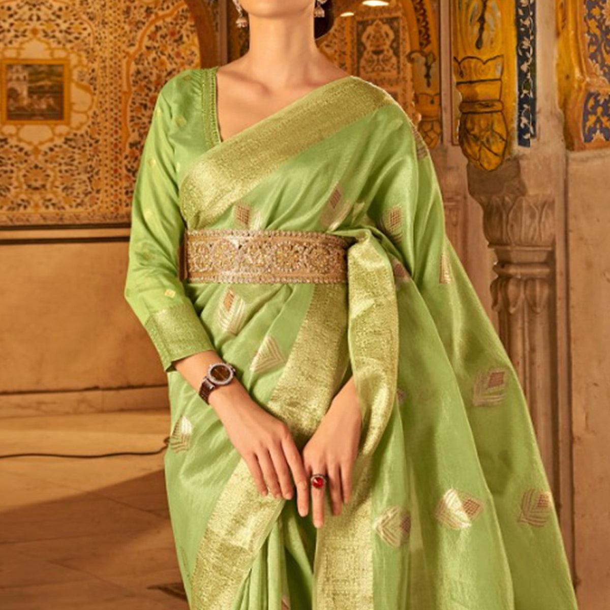 Pista Green Woven Tissue Silk Saree - Peachmode