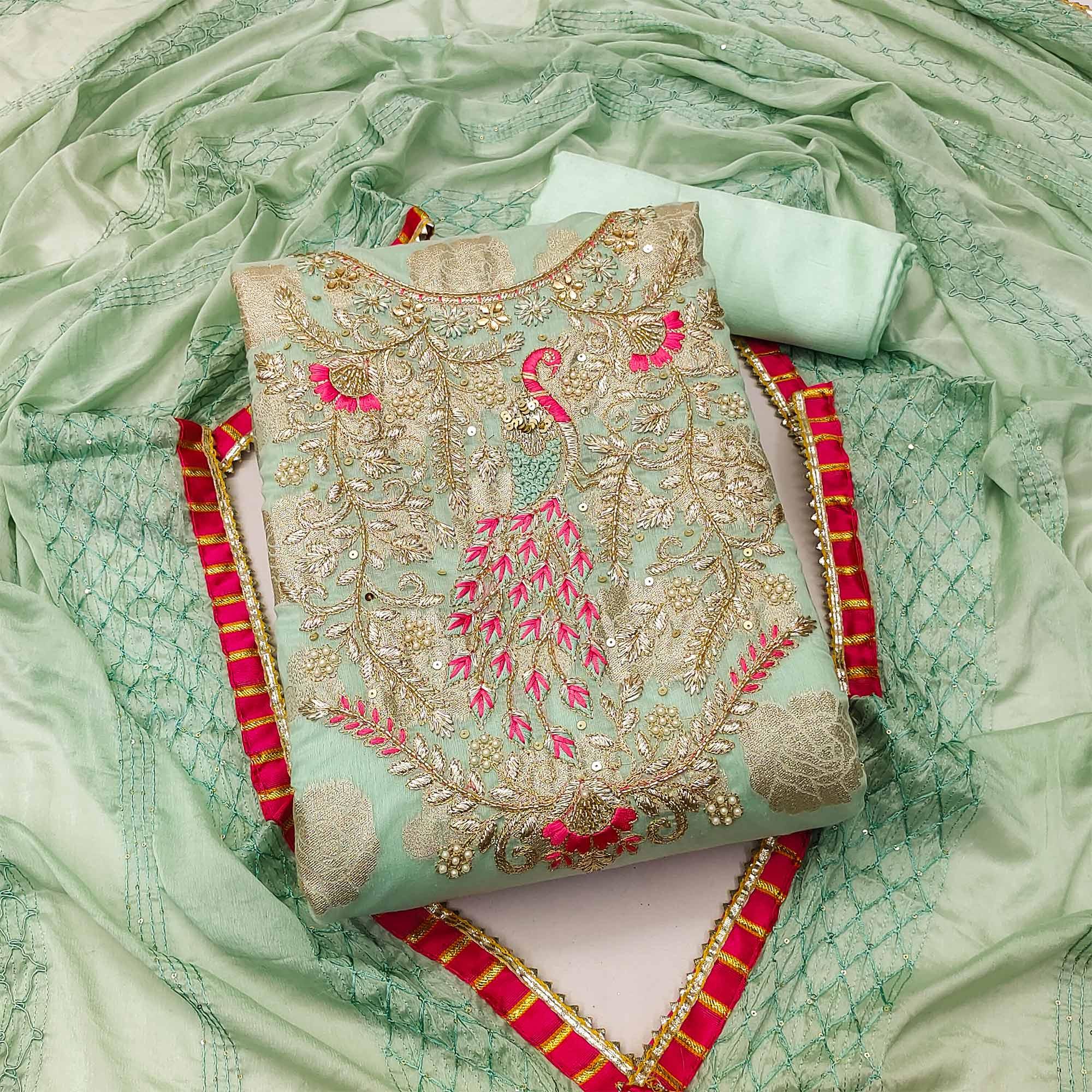 Pista Green Woven With Embellished Jacquard Dress Material - Peachmode