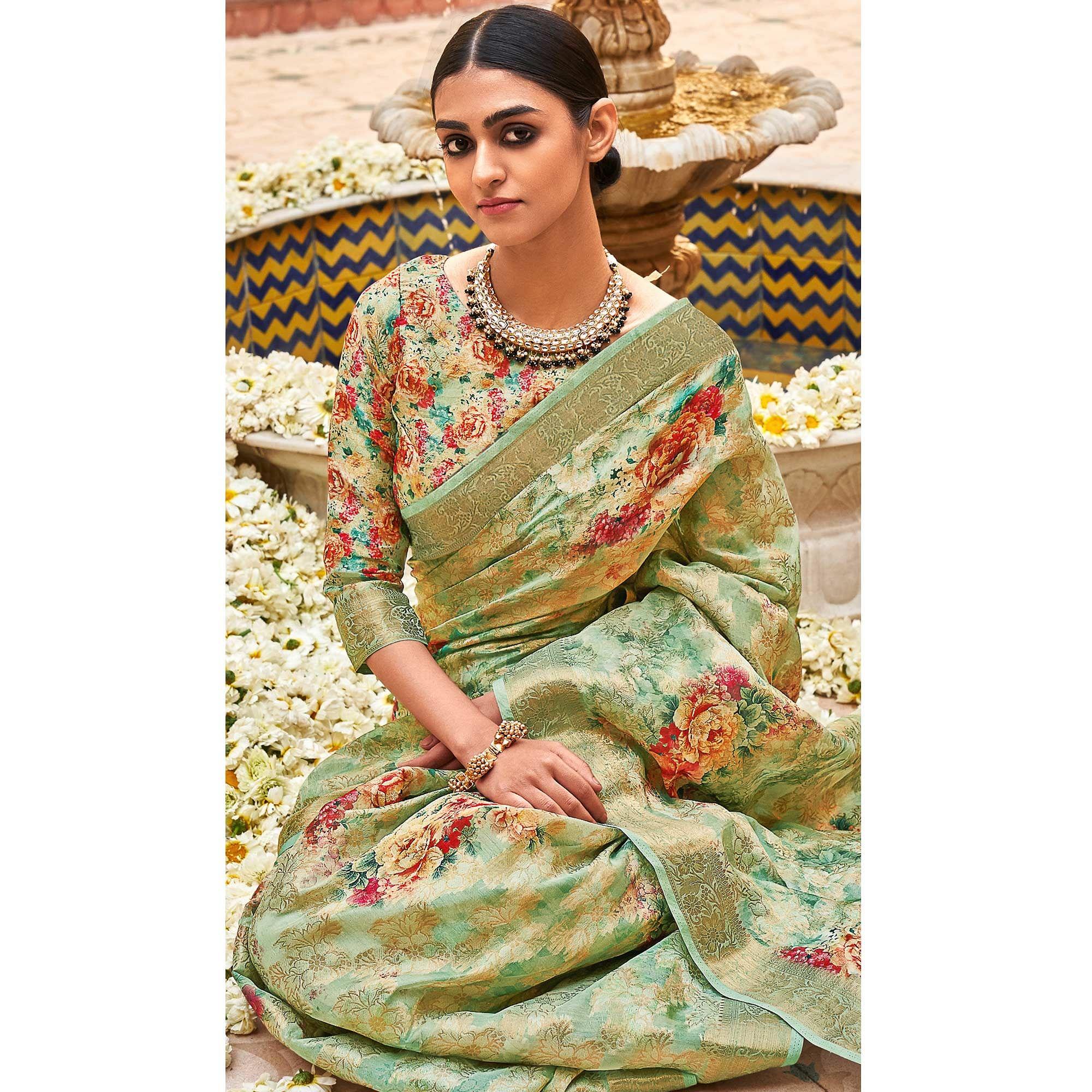Pista Green Woven With Printed Cotton Silk Saree With Tassels - Peachmode