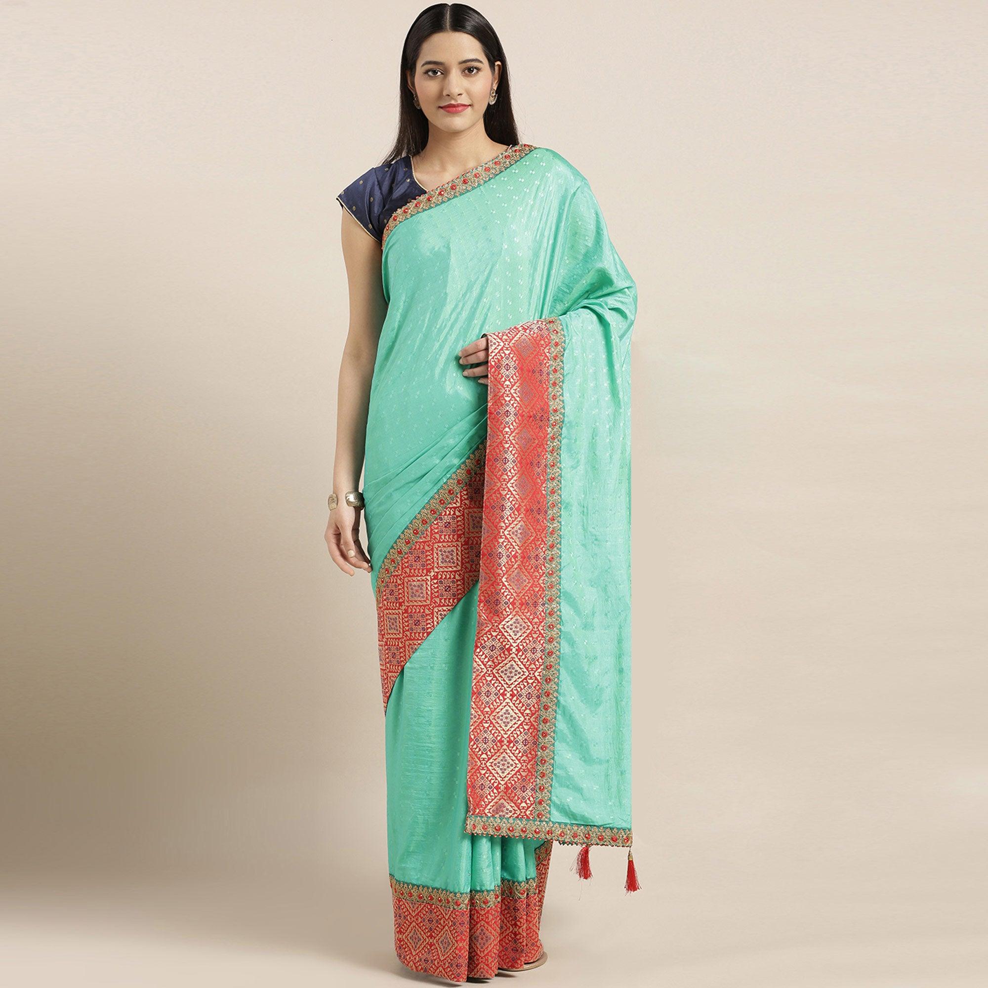Pista Green Woven With Sequence Embroidered Art Silk Saree - Peachmode