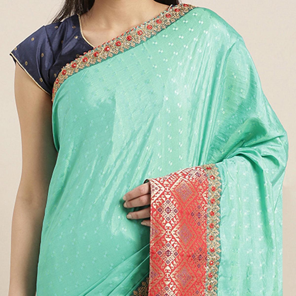 Pista Green Woven With Sequence Embroidered Art Silk Saree - Peachmode
