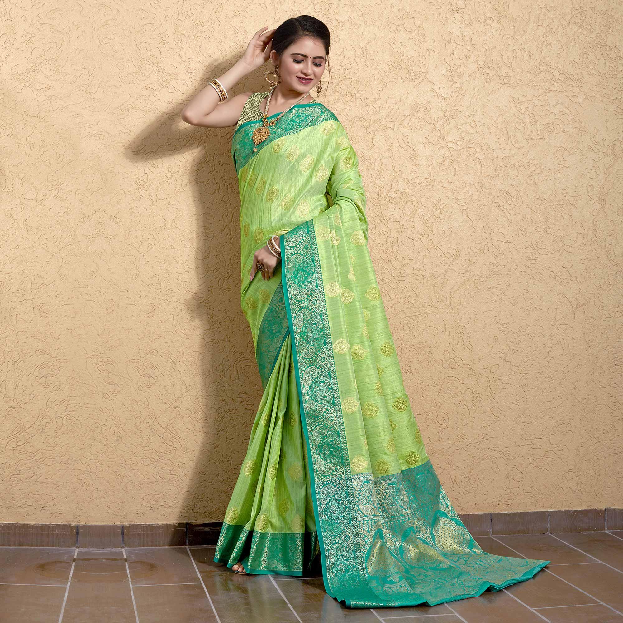 Pista Green Zari Woven Art Silk Saree - Peachmode