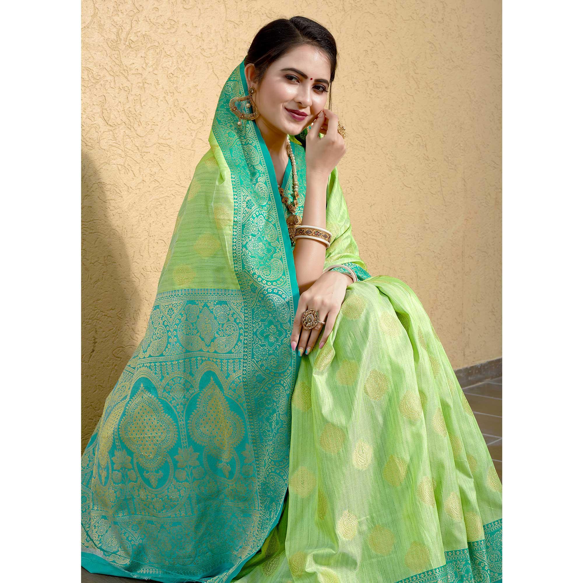 Pista Green Zari Woven Art Silk Saree - Peachmode
