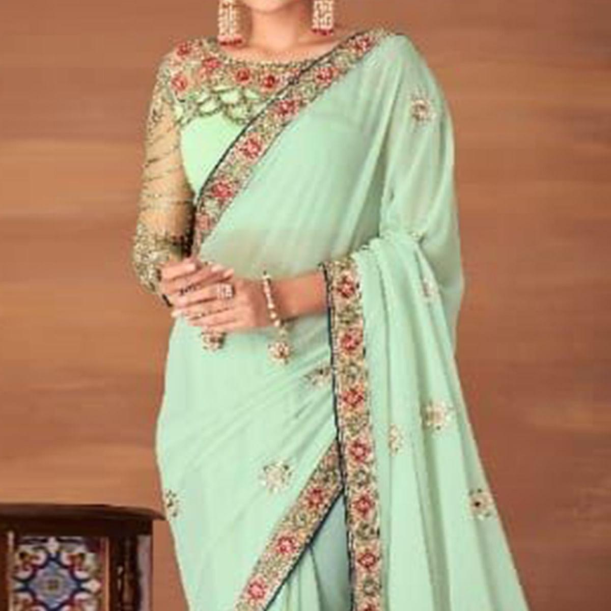 Pista Partywear Embroidered Georgette Saree - Peachmode
