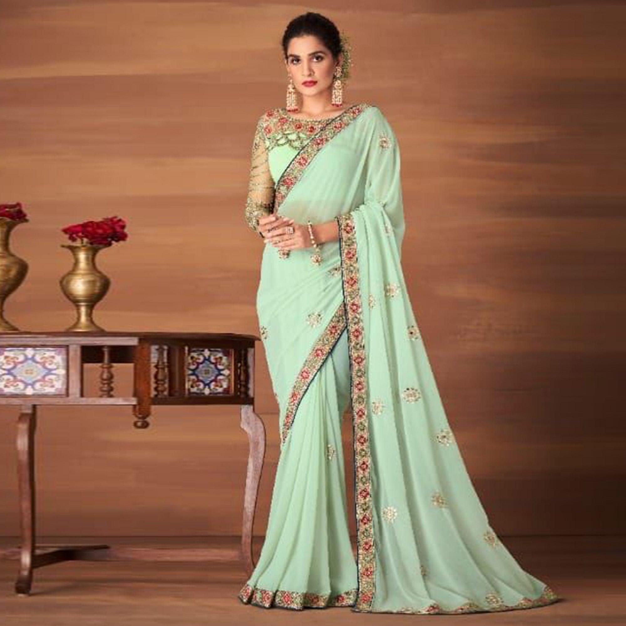 Pista Partywear Embroidered Georgette Saree - Peachmode