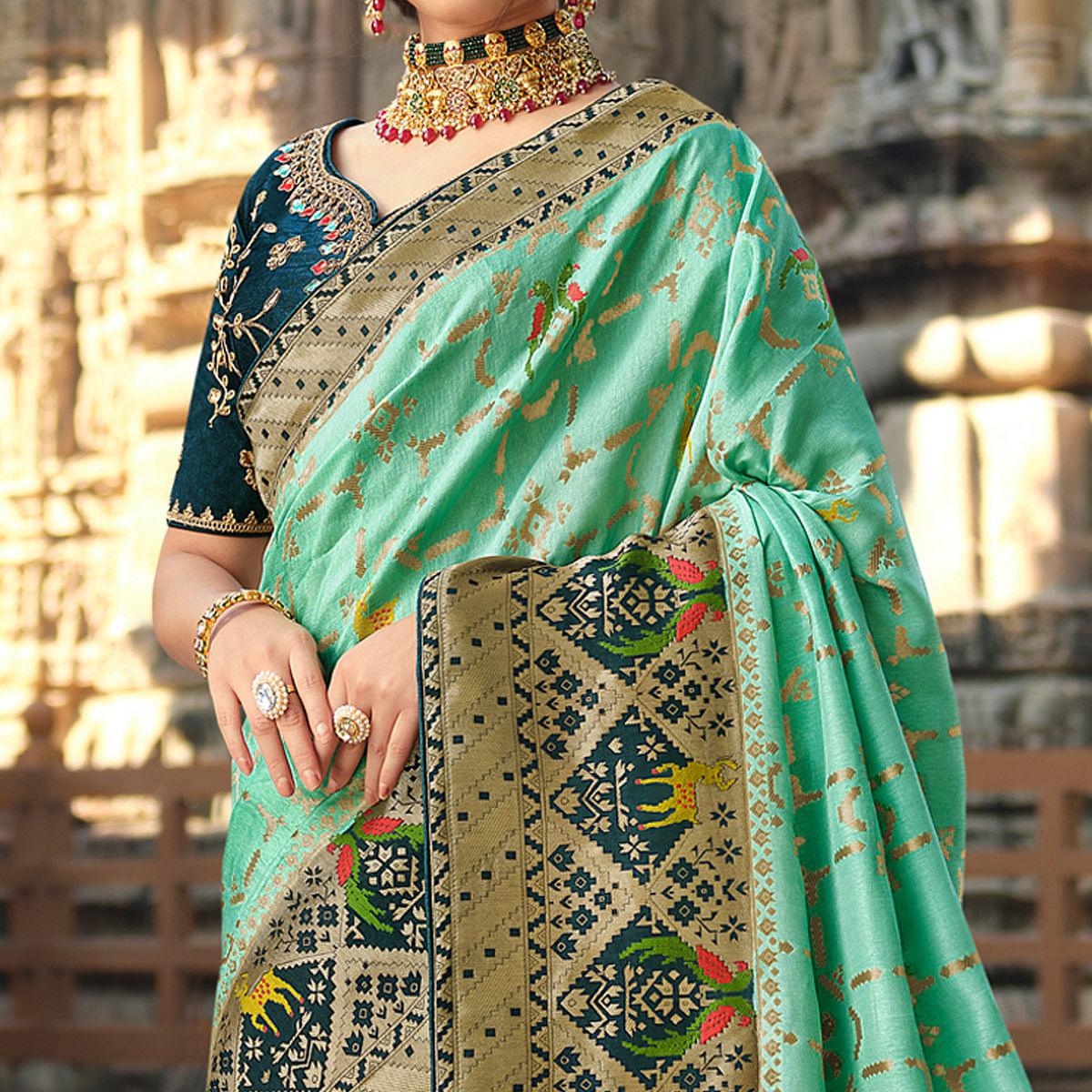 Pista Wedding Wear Woven Silk Saree With Tassels - Peachmode