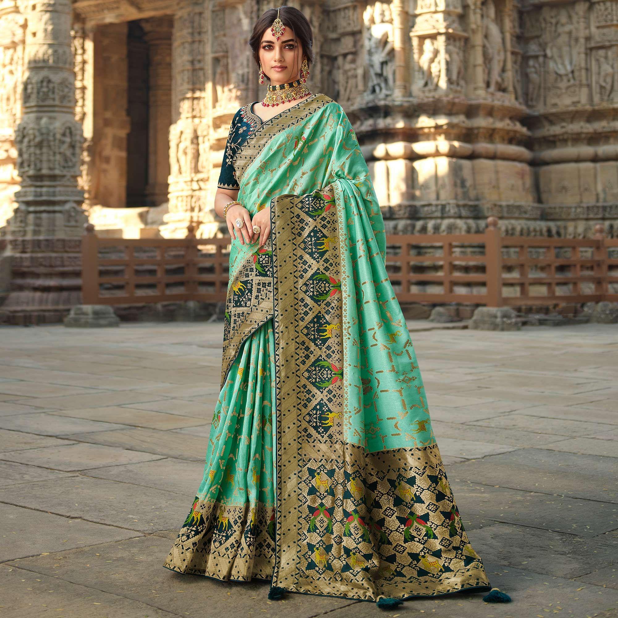 Pista Wedding Wear Woven Silk Saree With Tassels - Peachmode