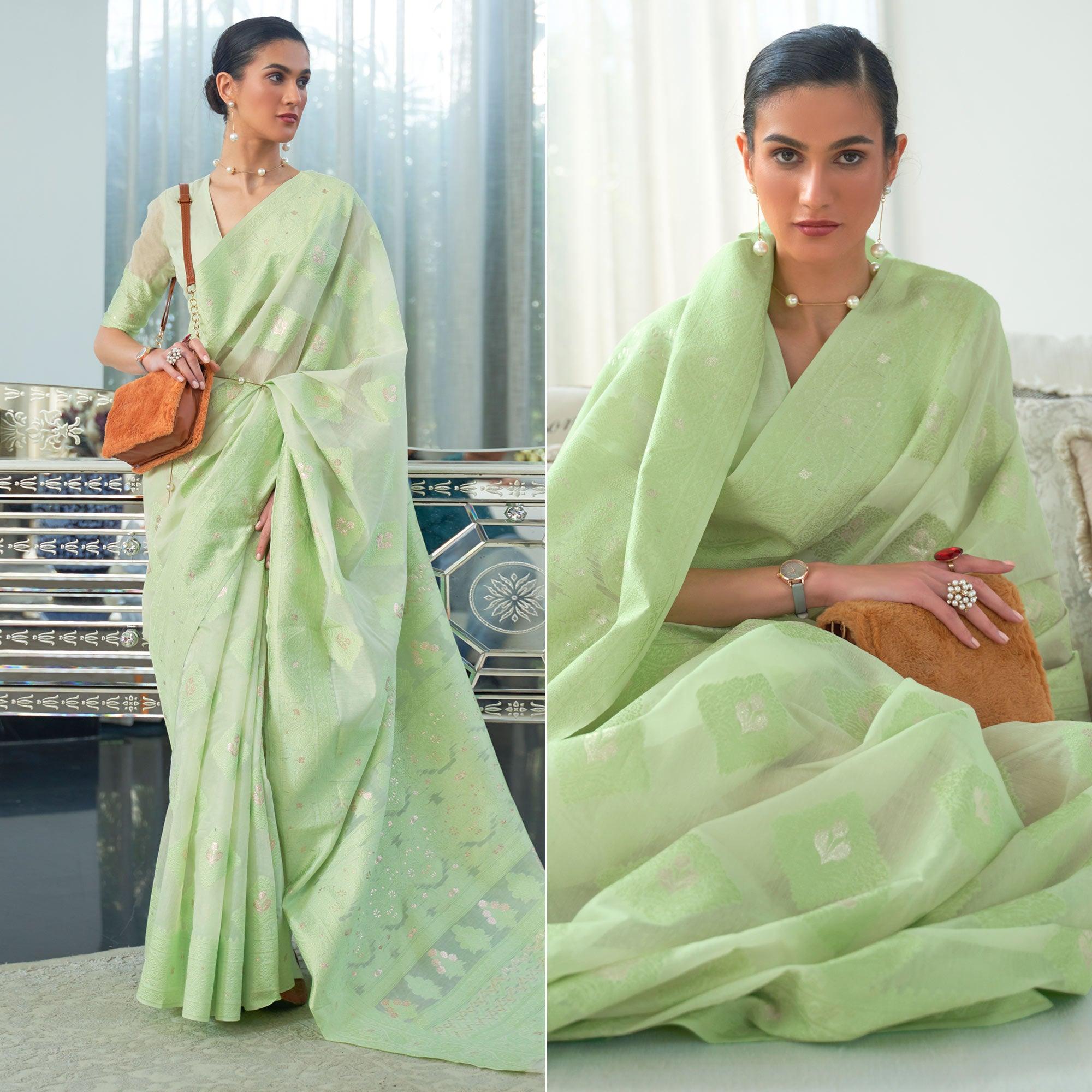 Pista Woven Lucknowi Chickankari Modal Saree - Peachmode