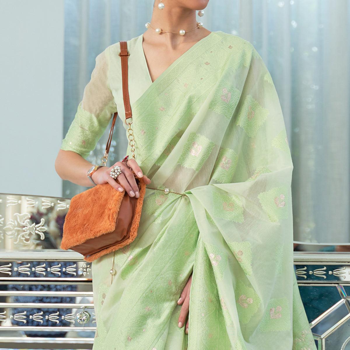 Pista Woven Lucknowi Chickankari Modal Saree - Peachmode