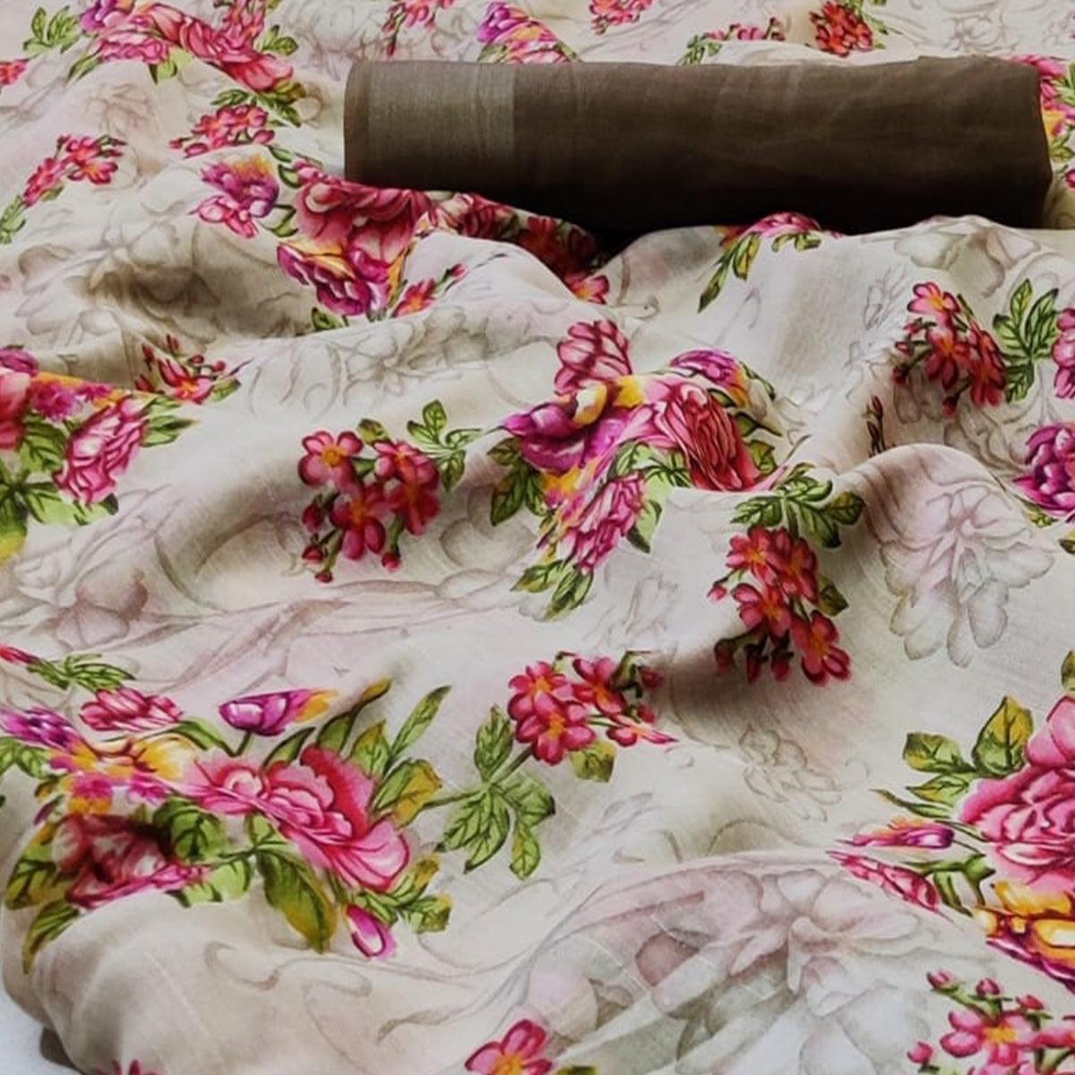 Pleasance Beige Colored Casual Wear Floral Printed Linen Saree - Peachmode