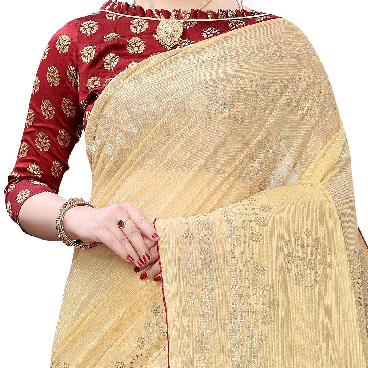 Pleasance Beige Colored Partywear Embelished Art Silk Saree - Peachmode