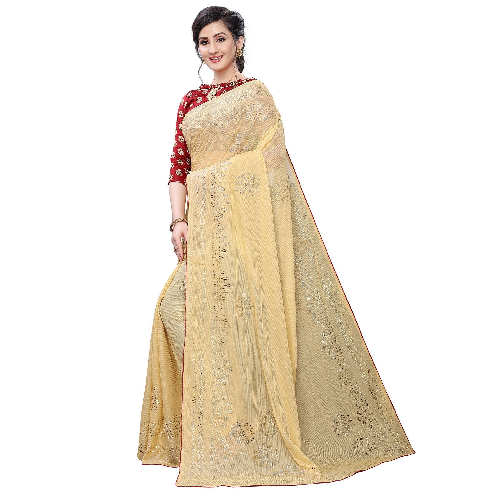 Pleasance Beige Colored Partywear Embelished Art Silk Saree - Peachmode
