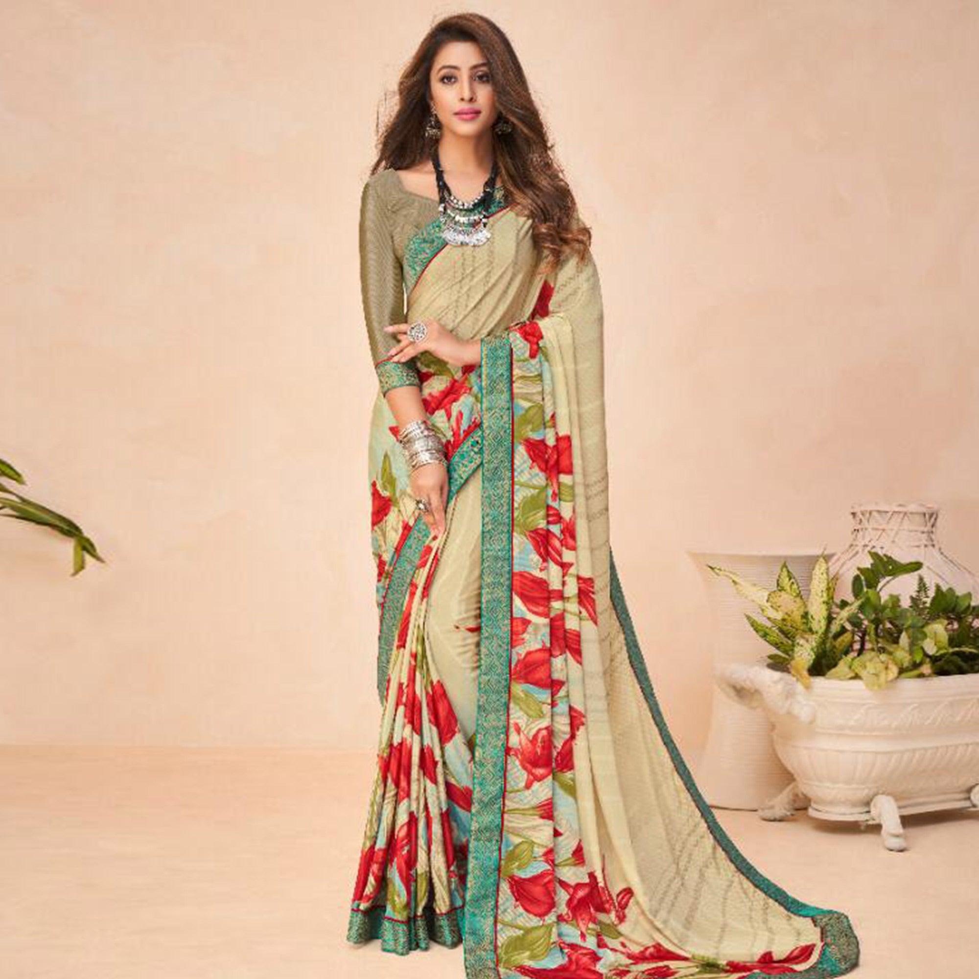 Pleasance Beige Coloured Casual Wear Printed Crepe Saree - Peachmode