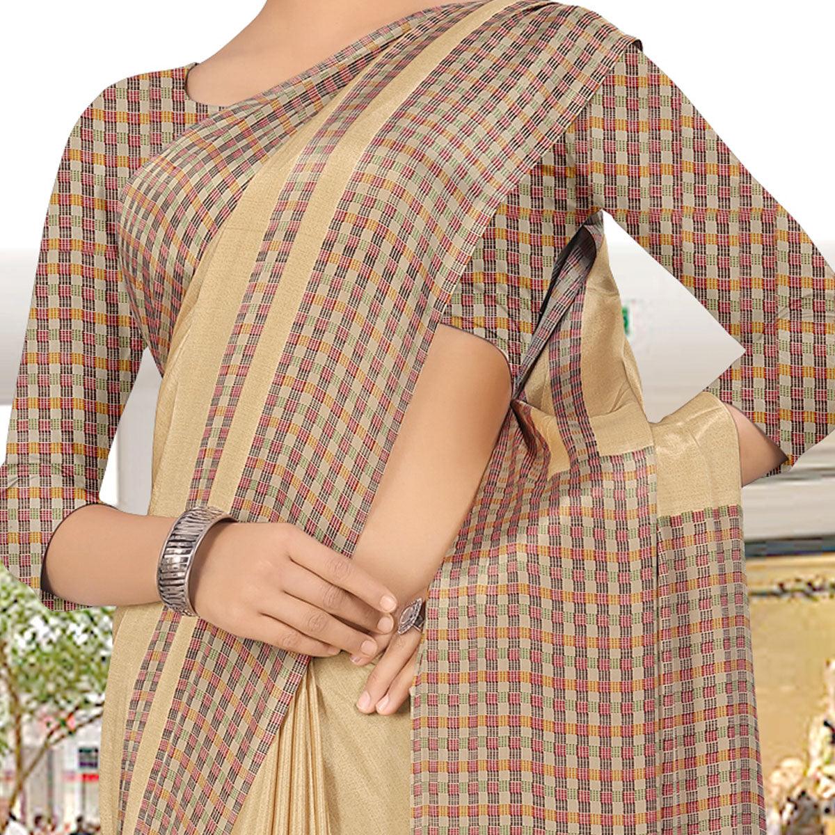 Pleasance Beige Coloured Casual Wear Printed Crepe Saree - Peachmode