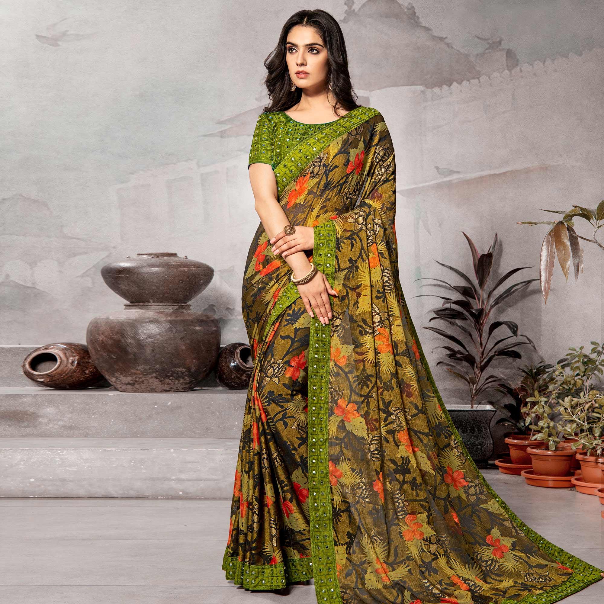 Pleasance Beige - Green Colored Partywear Embroidered Chiffon Brasso Saree - Peachmode
