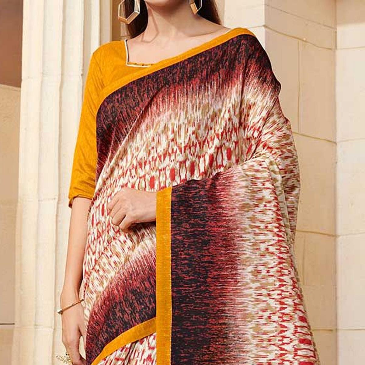 Pleasance Beige - Red Colored Casual Wear Printed Bhagalpuri Silk Saree - Peachmode