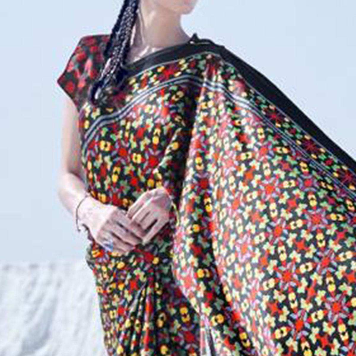 Pleasance Black Colored Casual Wear Printed Satin Crepe Saree - Peachmode