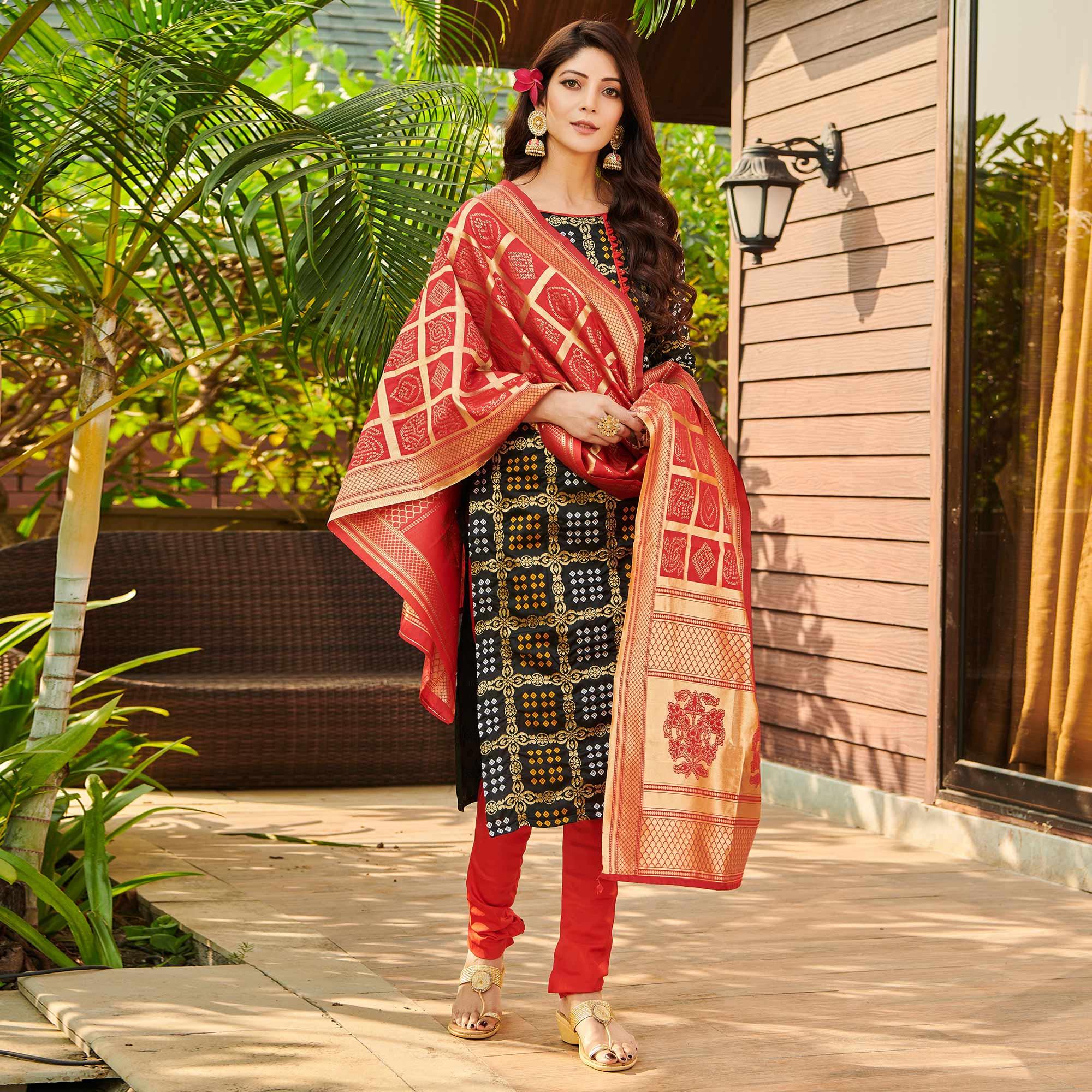 Pleasance Black Colored Casual Wear Woven Jacquard Silk Dress Material - Peachmode