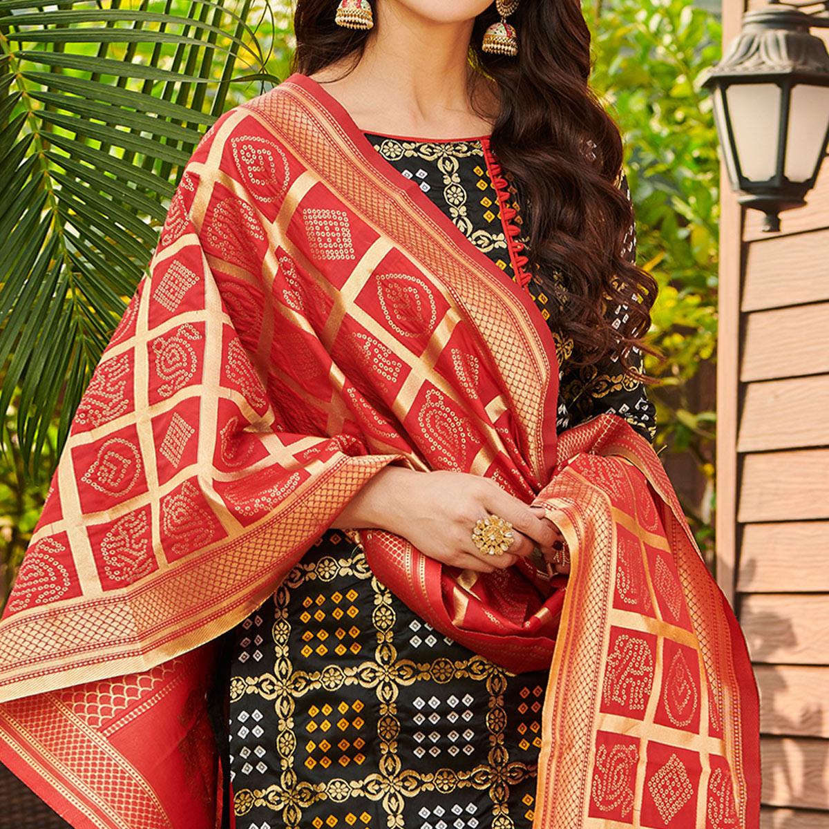 Pleasance Black Colored Casual Wear Woven Jacquard Silk Dress Material - Peachmode