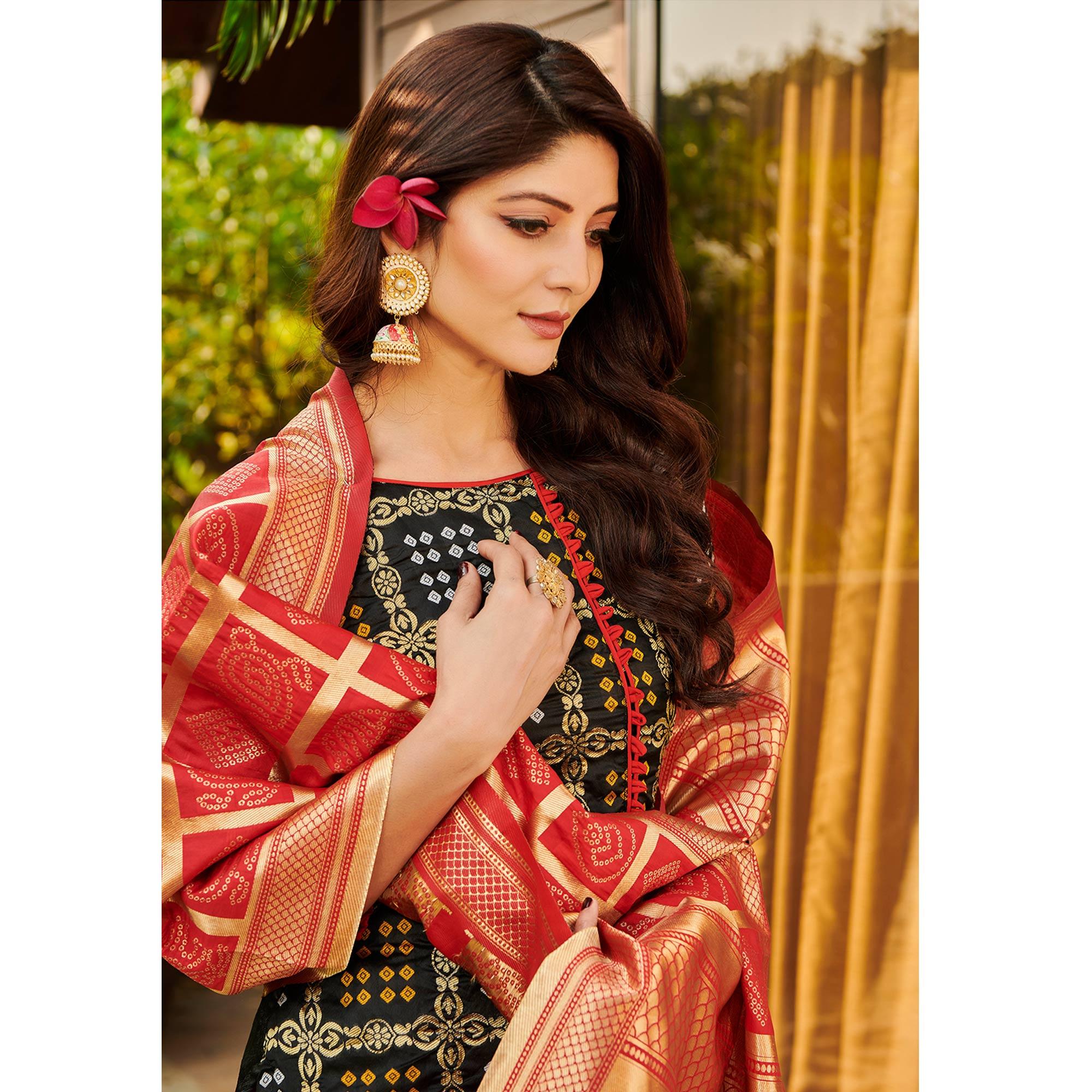 Pleasance Black Colored Casual Wear Woven Jacquard Silk Dress Material - Peachmode