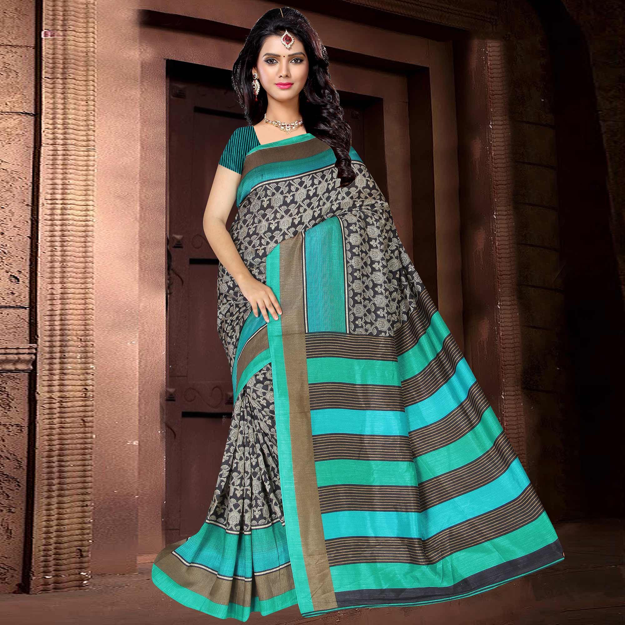 Pleasance Black - Turquoise Colored Casual Wear Printed Silk Saree - Peachmode