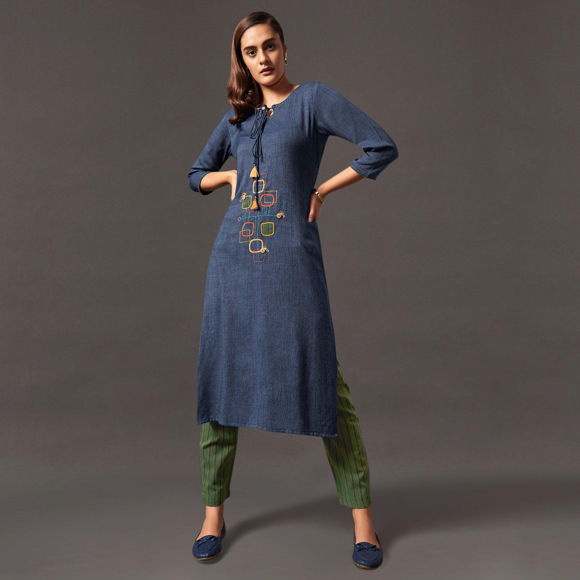 Pleasance Blue Colored Casual Wear Cotton Kurti With Bottom - Peachmode