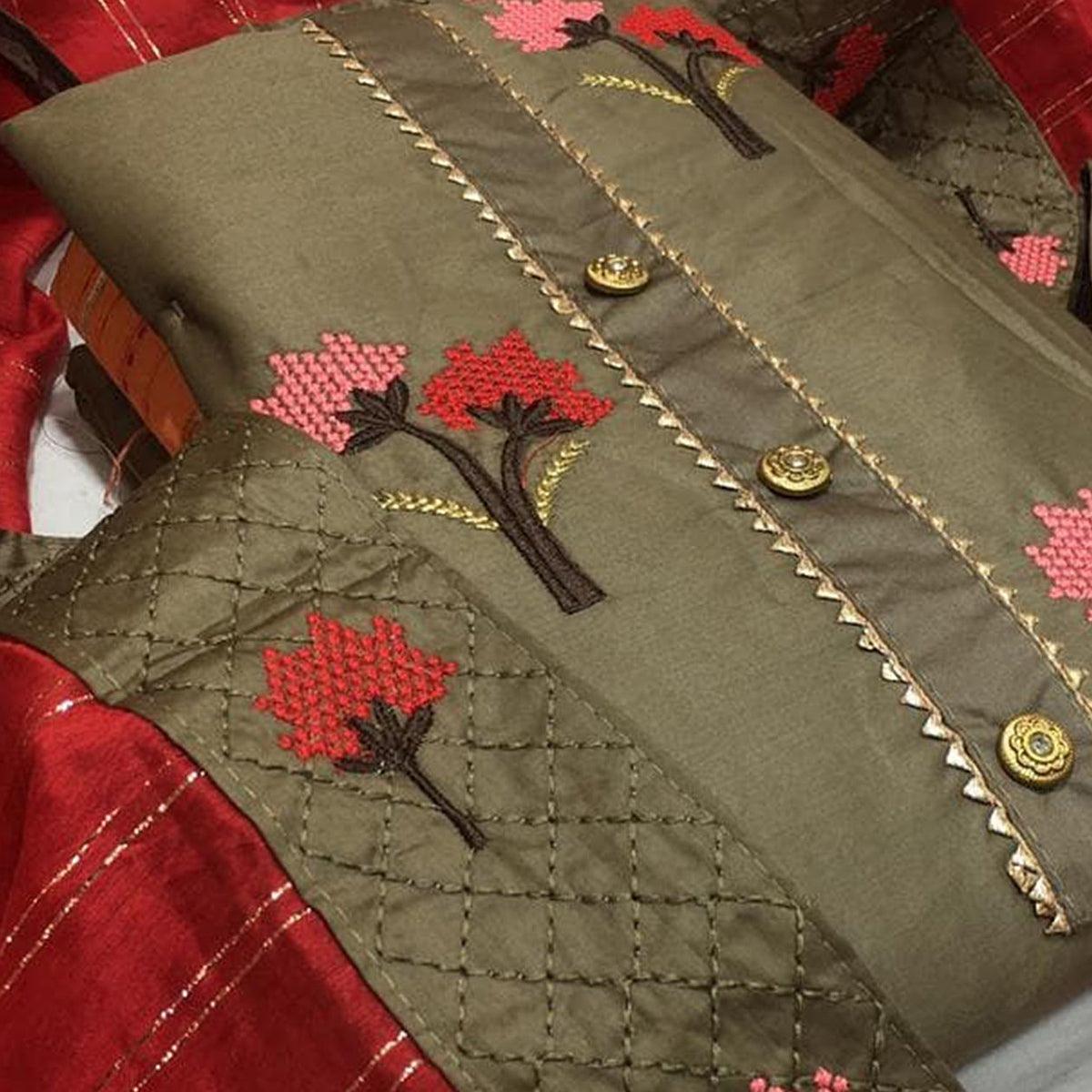 Pleasance Brown Colored Casual Embroidered Cotton Dress Material - Peachmode