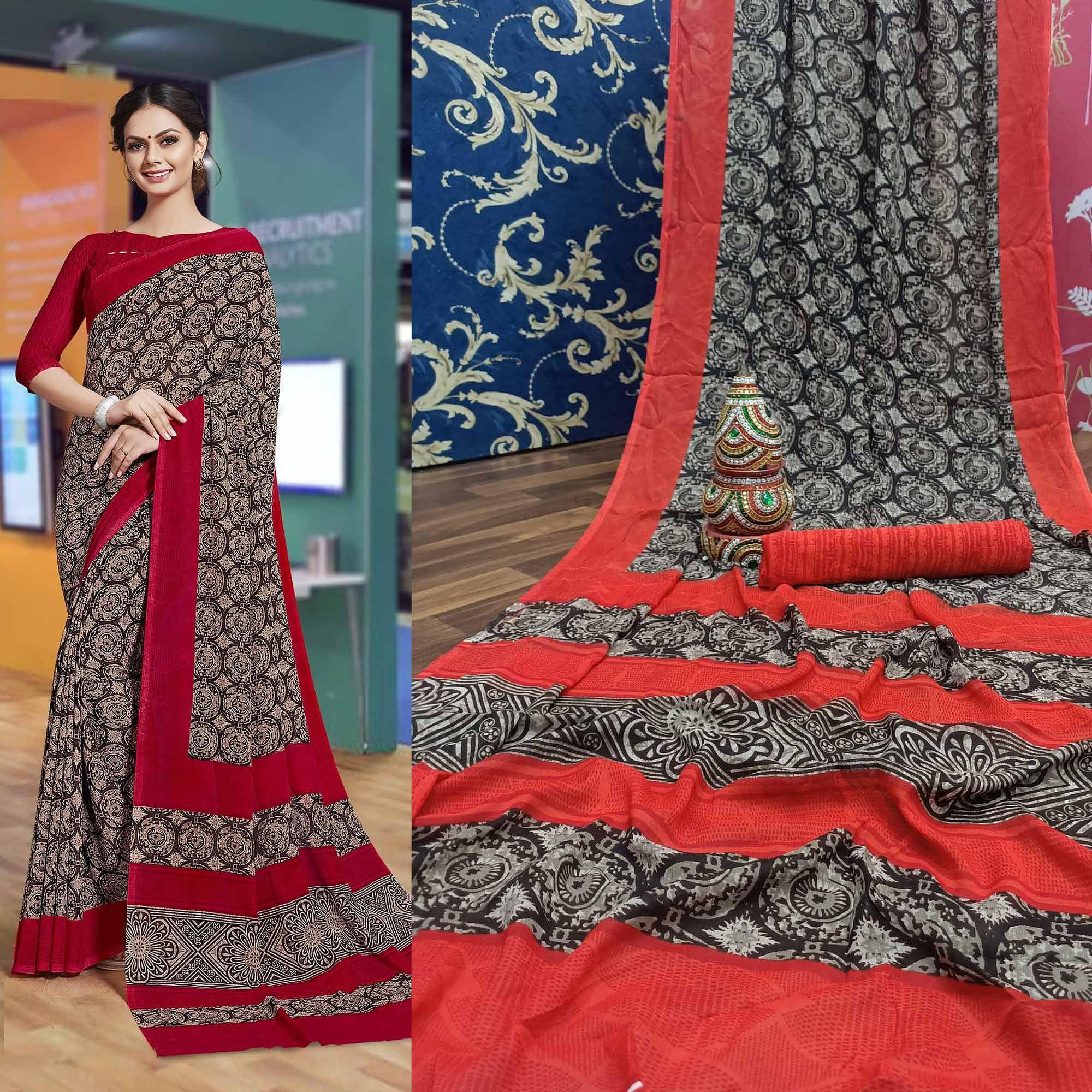 Pleasance Brown Colored Casual Printed Georgette Saree - Peachmode