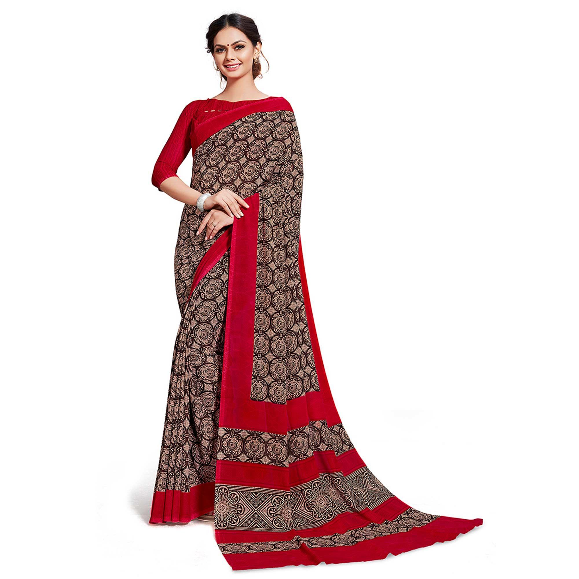 Pleasance Brown Colored Casual Printed Georgette Saree - Peachmode