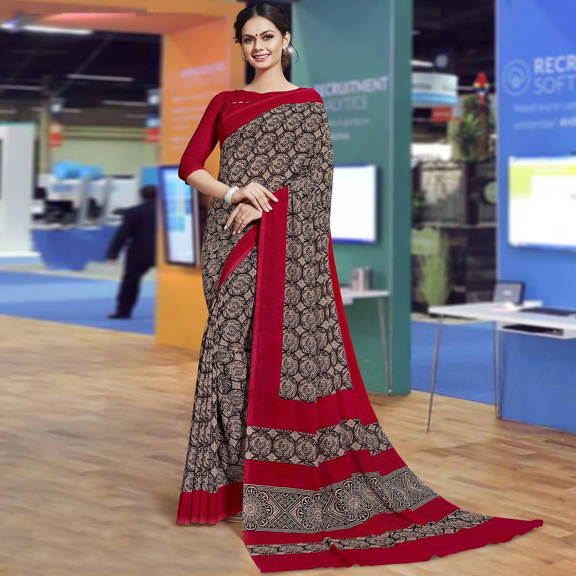 Pleasance Brown Colored Casual Printed Georgette Saree - Peachmode