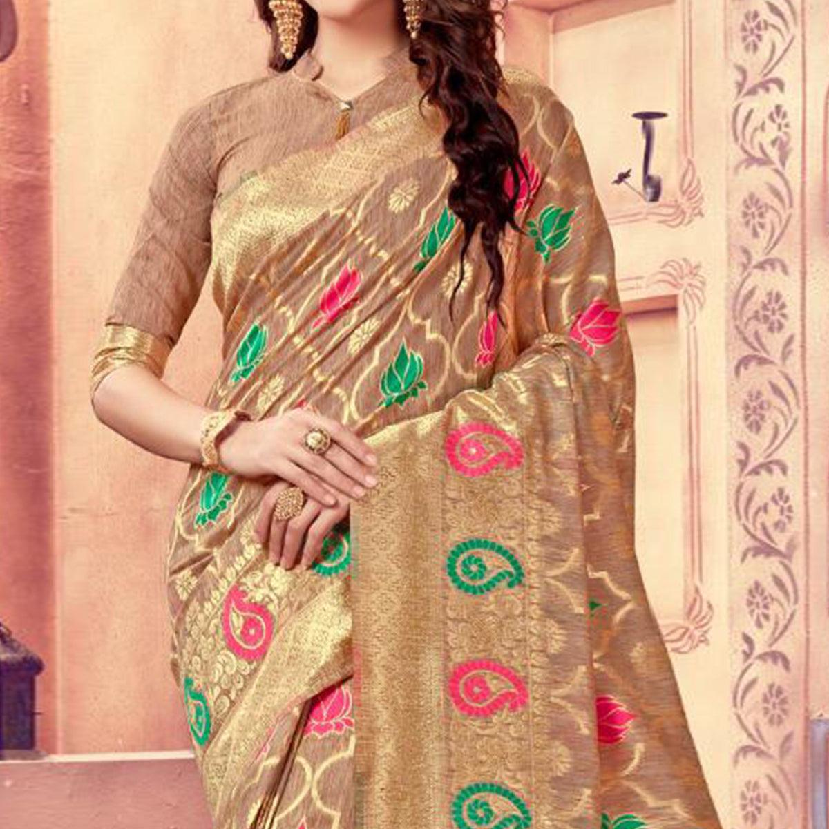 Pleasance Brown Colored Festive Wear Woven Cotton Silk Saree - Peachmode