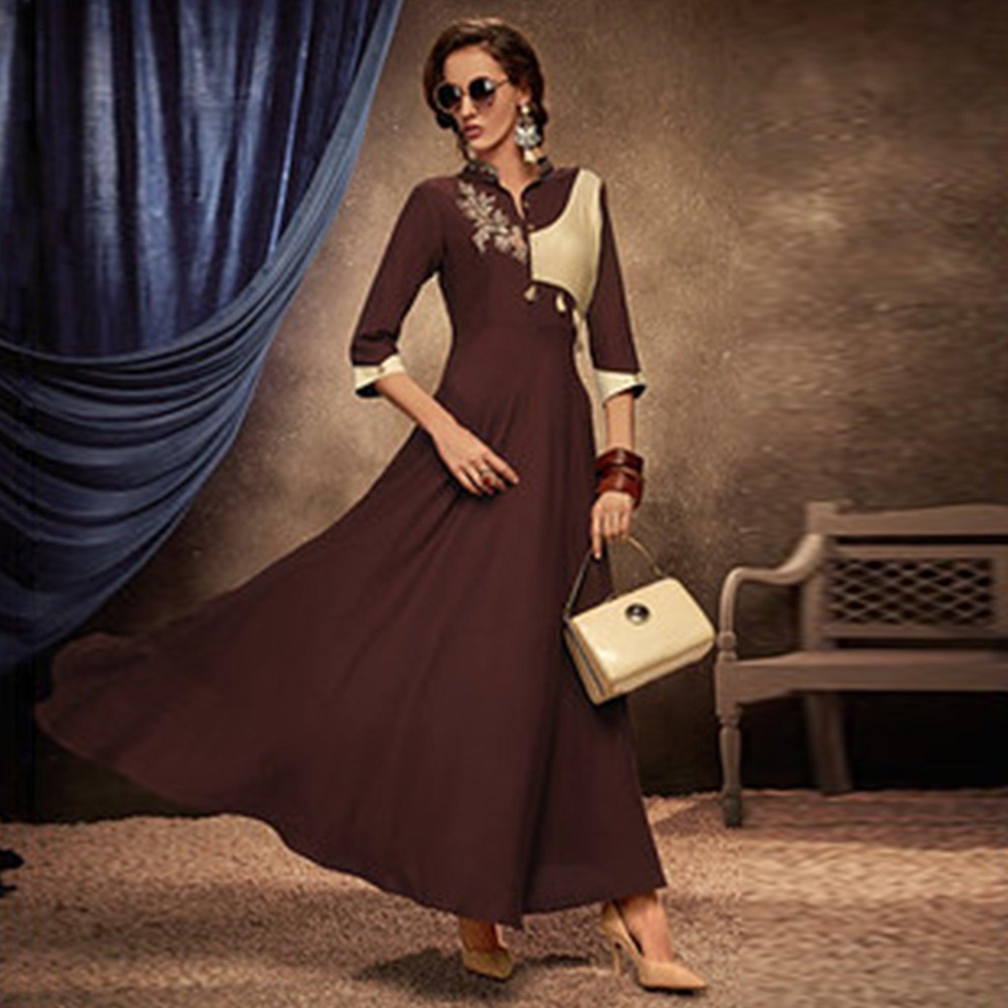 Pleasance Brown Colored Partywear Embroidered Rayon Long Kurti - Peachmode