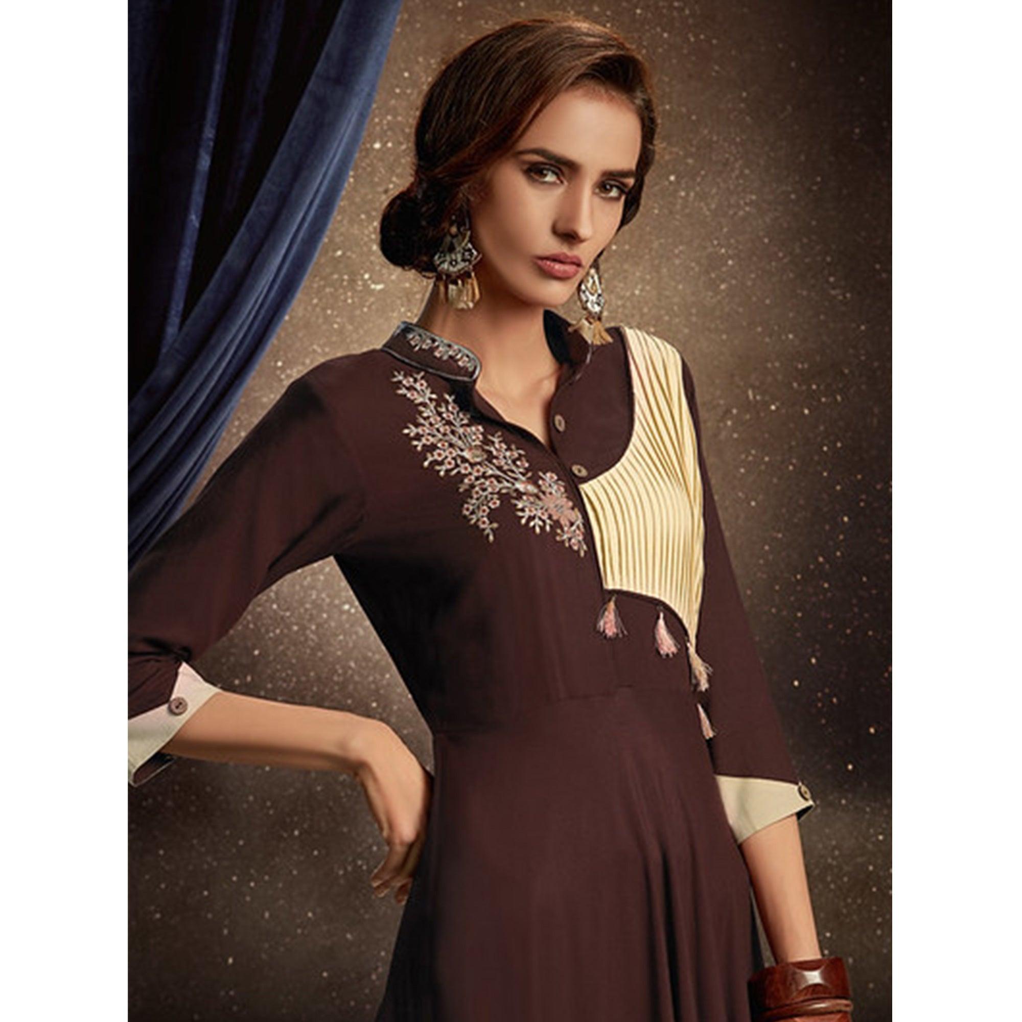 Pleasance Brown Colored Partywear Embroidered Rayon Long Kurti - Peachmode