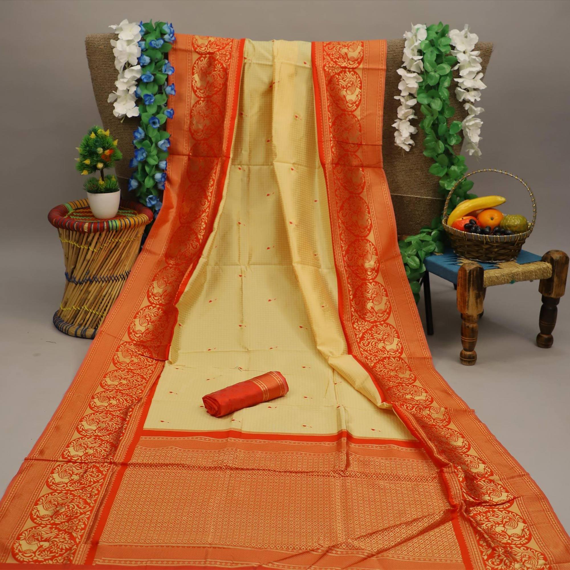 Pleasance Cream Colored Festive Wear Woven Soft Silk Saree - Peachmode