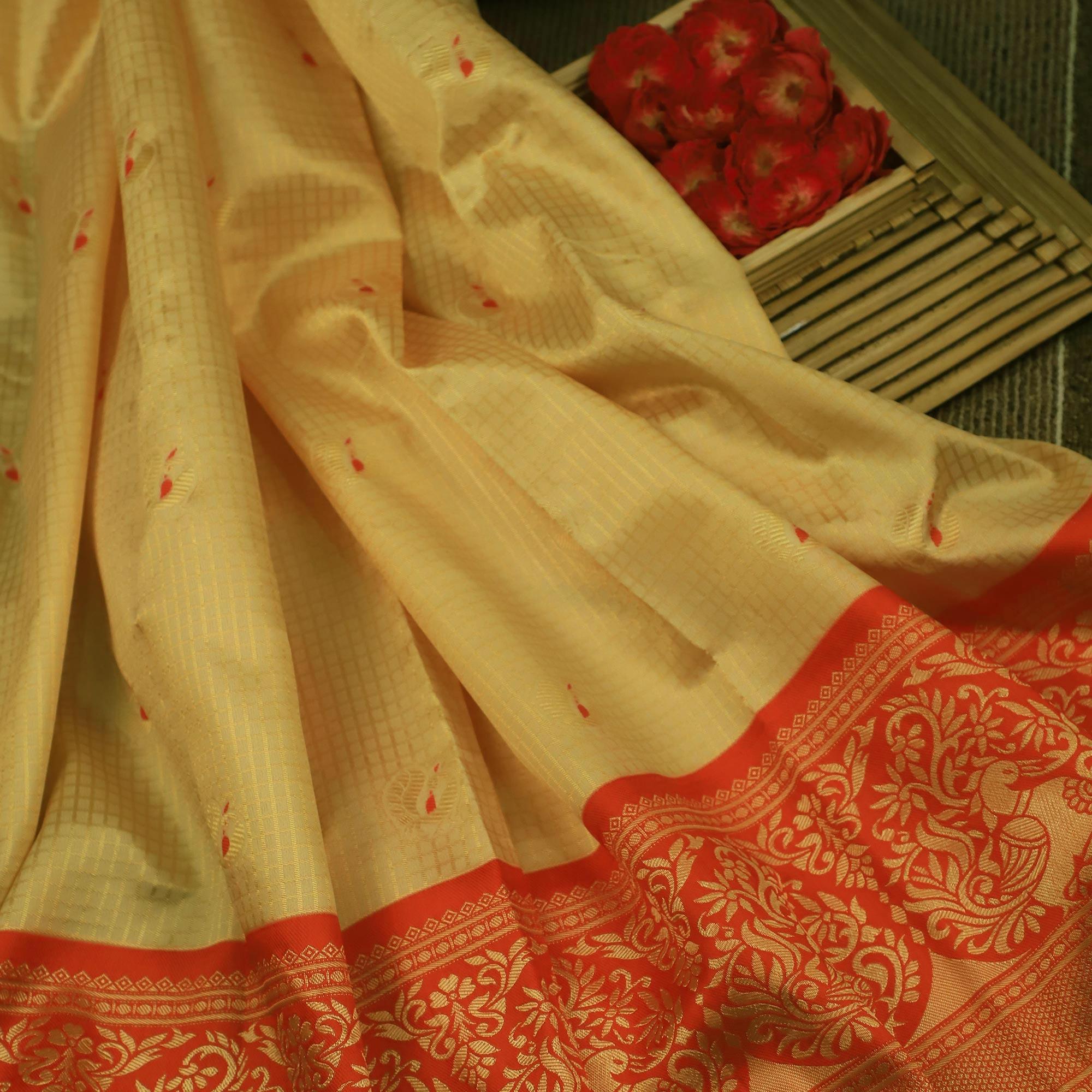 Pleasance Cream Colored Festive Wear Woven Soft Silk Saree - Peachmode