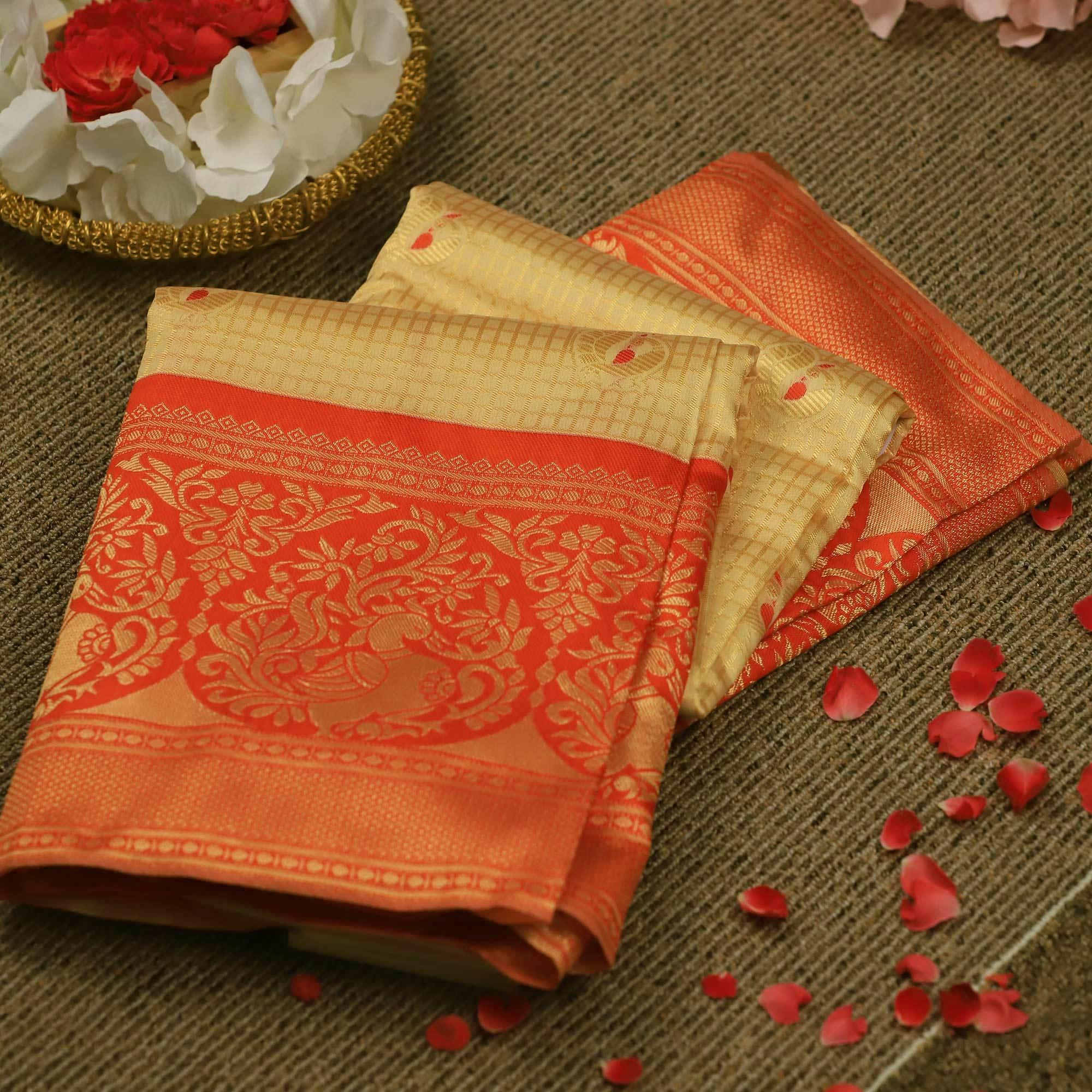 Pleasance Cream Colored Festive Wear Woven Soft Silk Saree - Peachmode