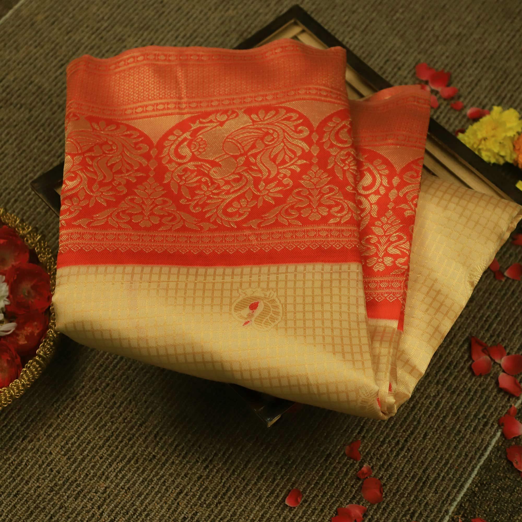 Pleasance Cream Colored Festive Wear Woven Soft Silk Saree - Peachmode