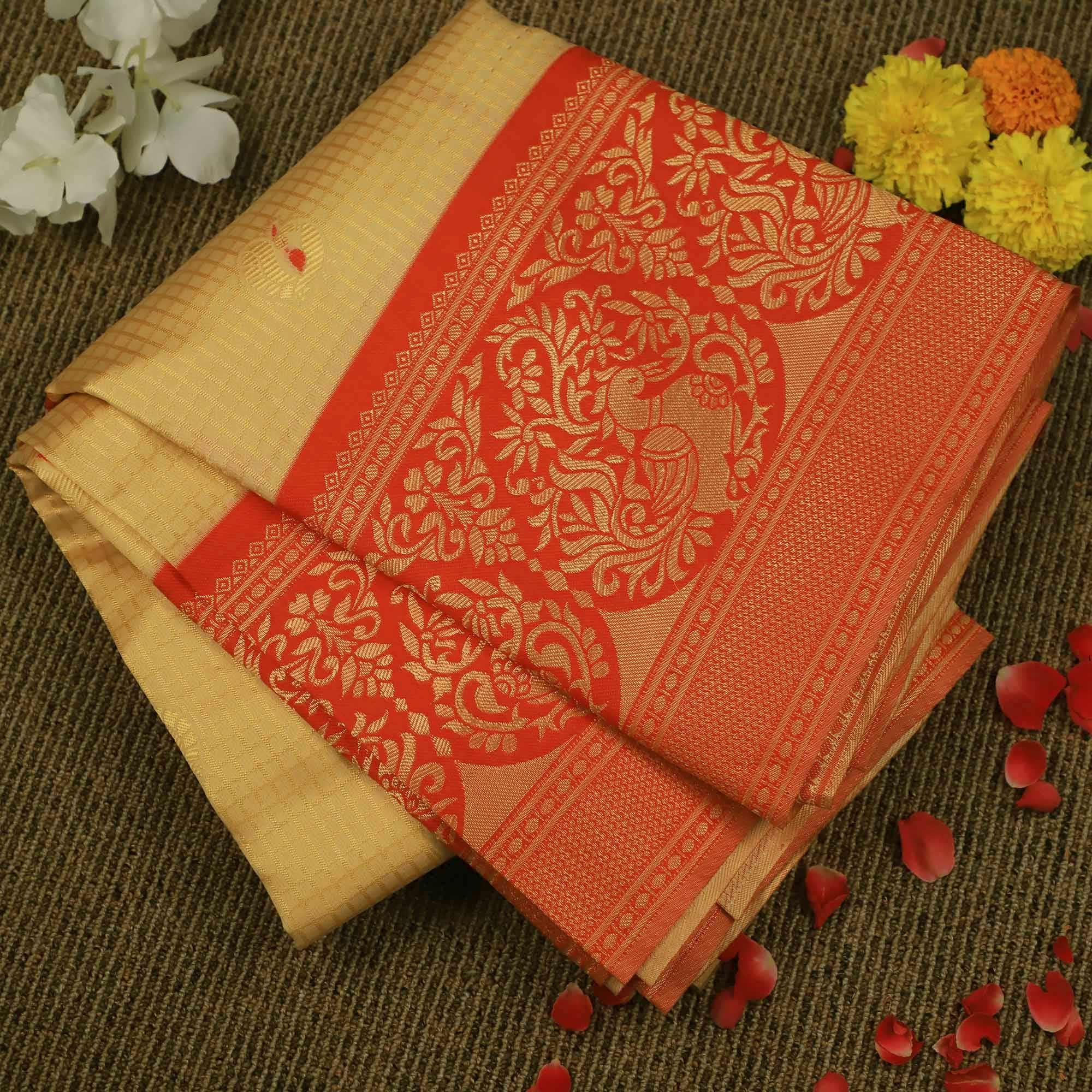 Pleasance Cream Colored Festive Wear Woven Soft Silk Saree - Peachmode